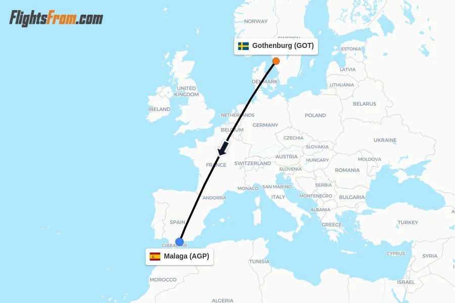 Flights from Gothenburg to Malaga route map