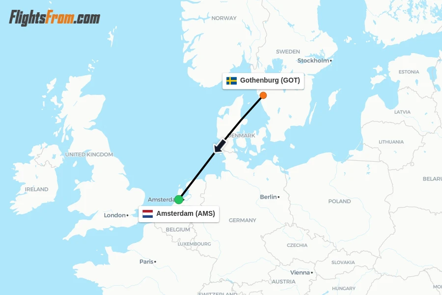 Flights from Gothenburg to Amsterdam route map