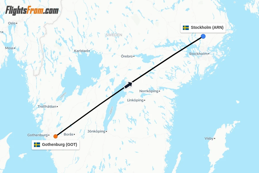 Flights from Gothenburg to Stockholm route map