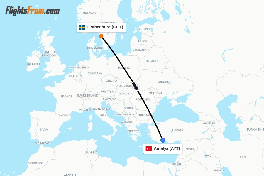 Flights from Gothenburg to Antalya route map