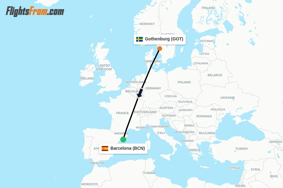 Flights from Gothenburg to Barcelona route map