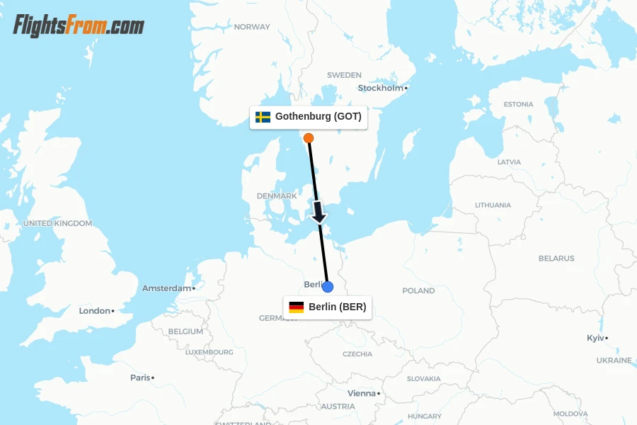 Flights from Gothenburg to Berlin route map