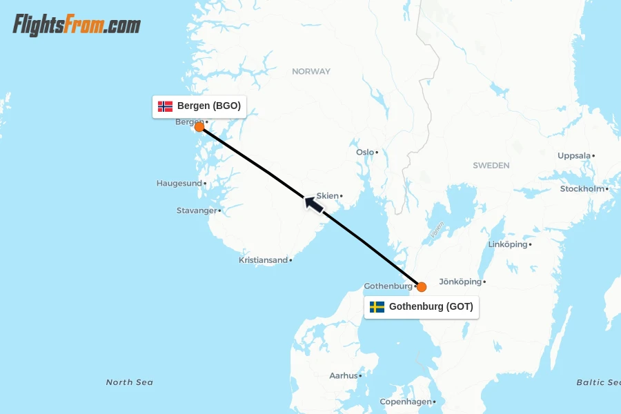 Flights from Gothenburg to Bergen route map