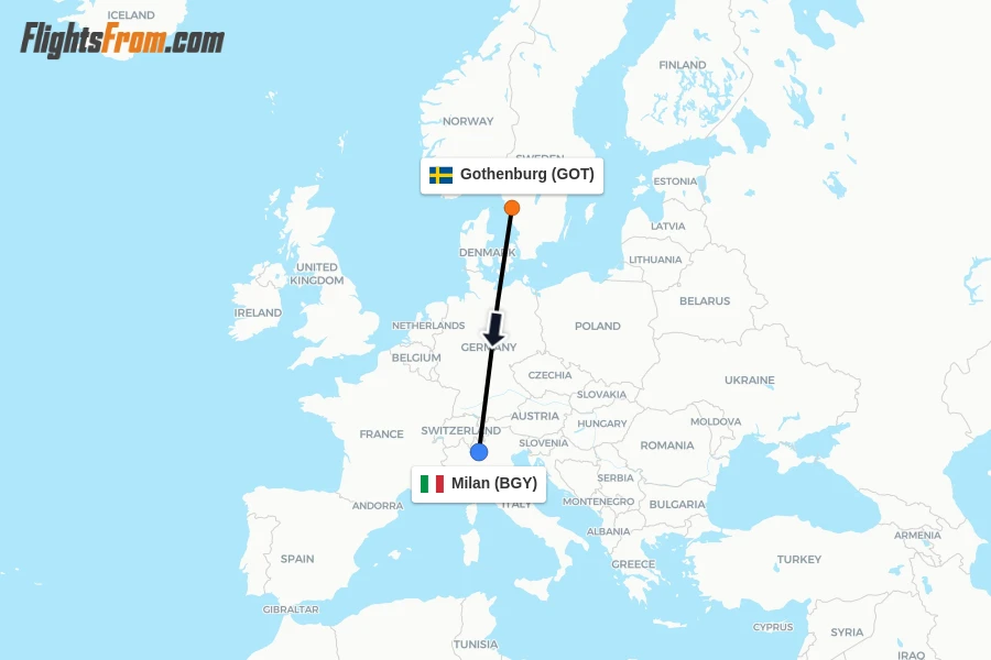 Flights from Gothenburg to Milan route map