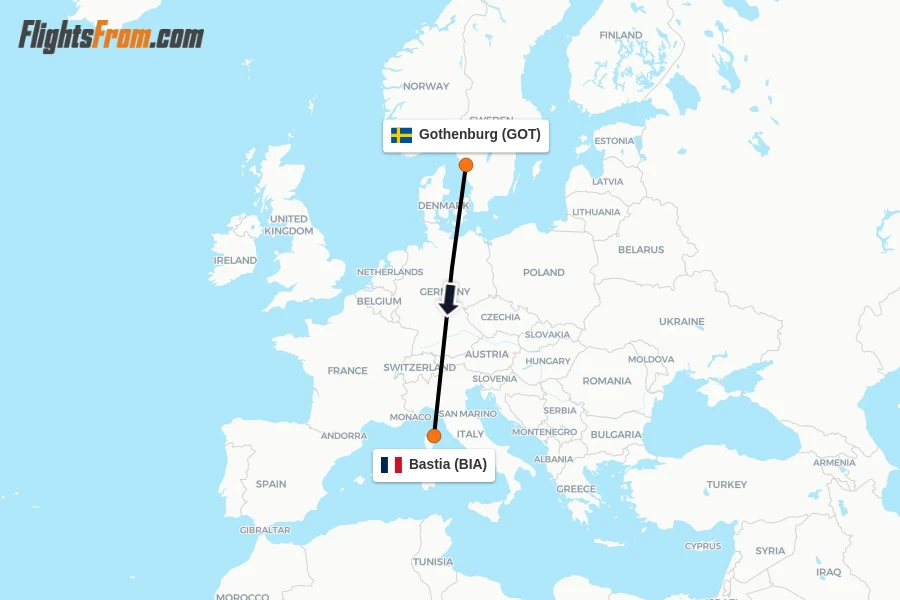 Flights from Gothenburg to Bastia route map