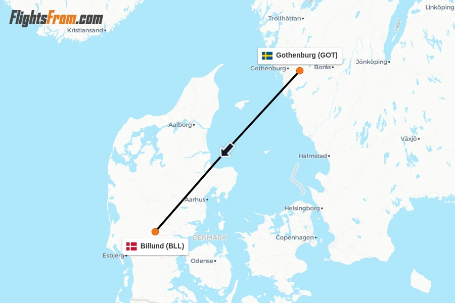 Flights from Gothenburg to Billund route map