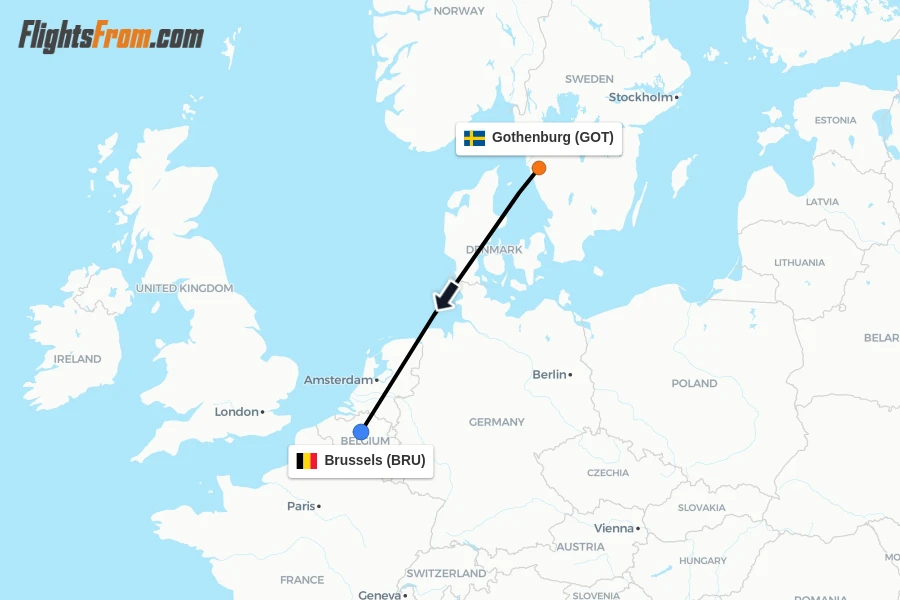 Flights from Gothenburg to Brussels route map