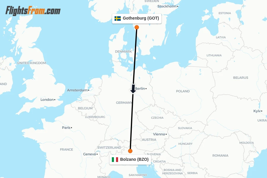 Flights from Gothenburg to Bolzano route map