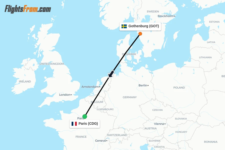 Flights from Gothenburg to Paris route map