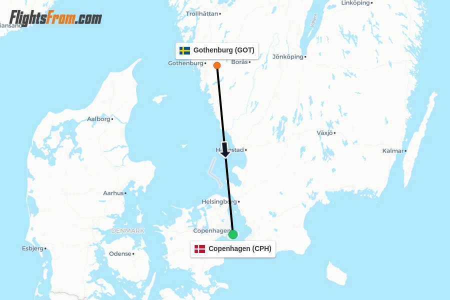 Flights from Gothenburg to Copenhagen route map