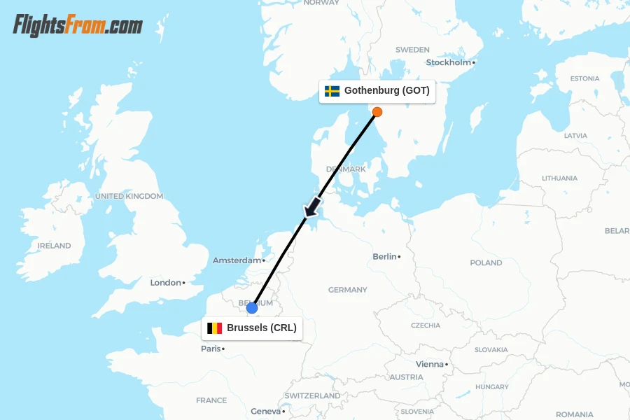 Flights from Gothenburg to Brussels route map