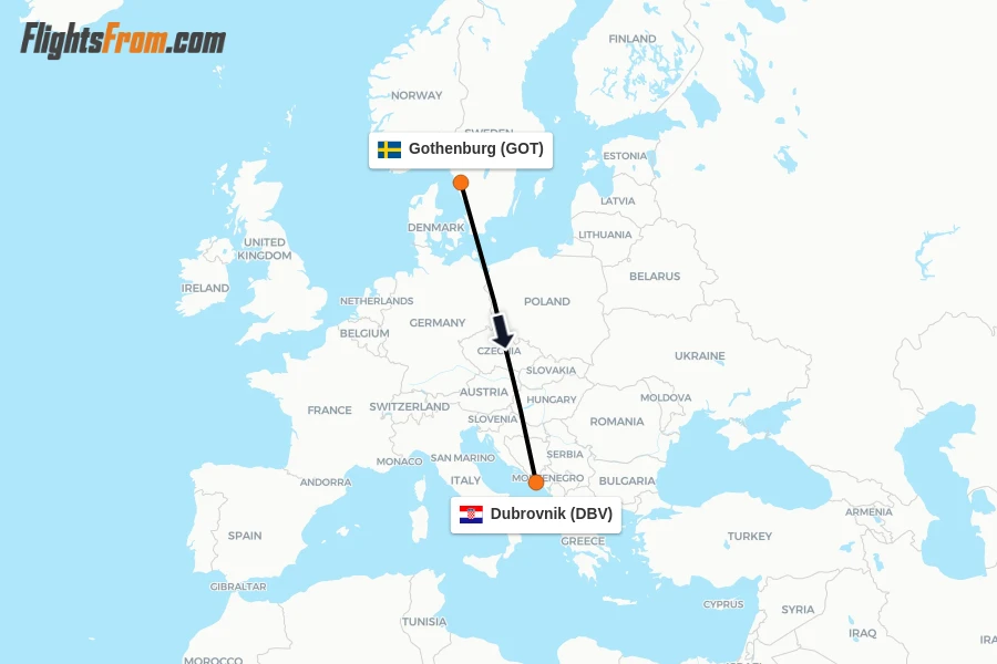 Flights from Gothenburg to Dubrovnik route map