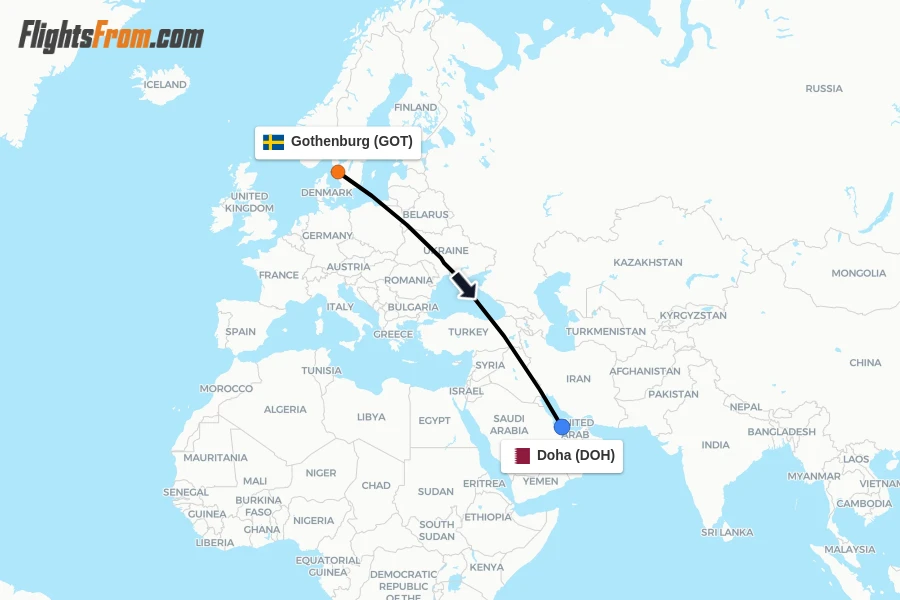 Flights from Gothenburg to Doha route map