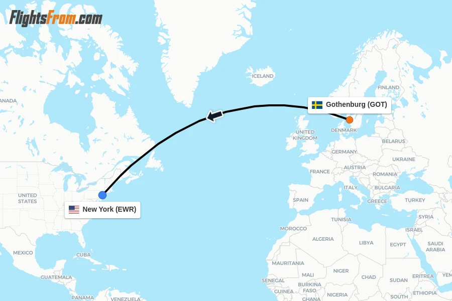 Flights from Gothenburg to New York route map