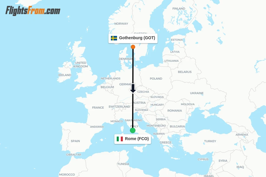 Flights from Gothenburg to Rome route map