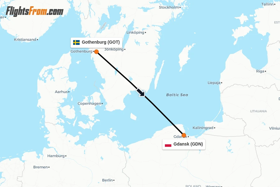 Flights from Gothenburg to Gdansk route map