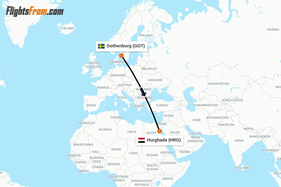 Flights from Gothenburg to Hurghada route map