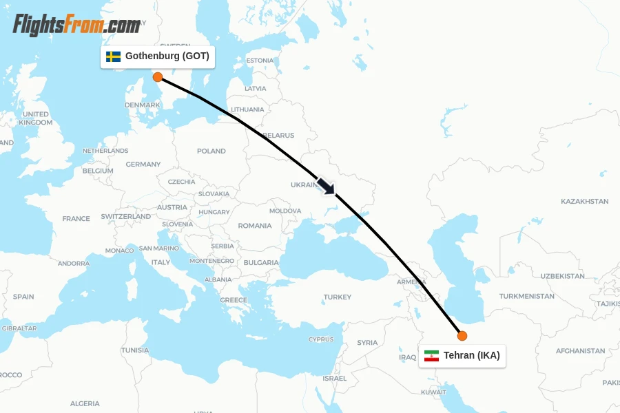Flights from Gothenburg to Tehran route map