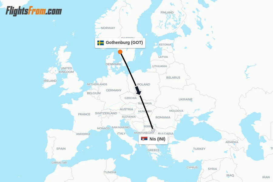 Flights from Gothenburg to Nis route map