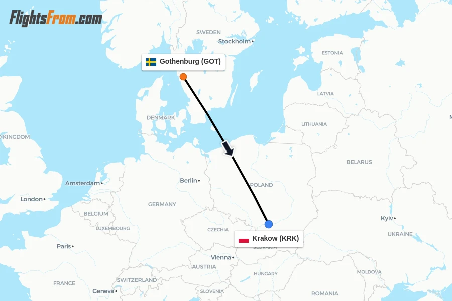 Flights from Gothenburg to Krakow route map