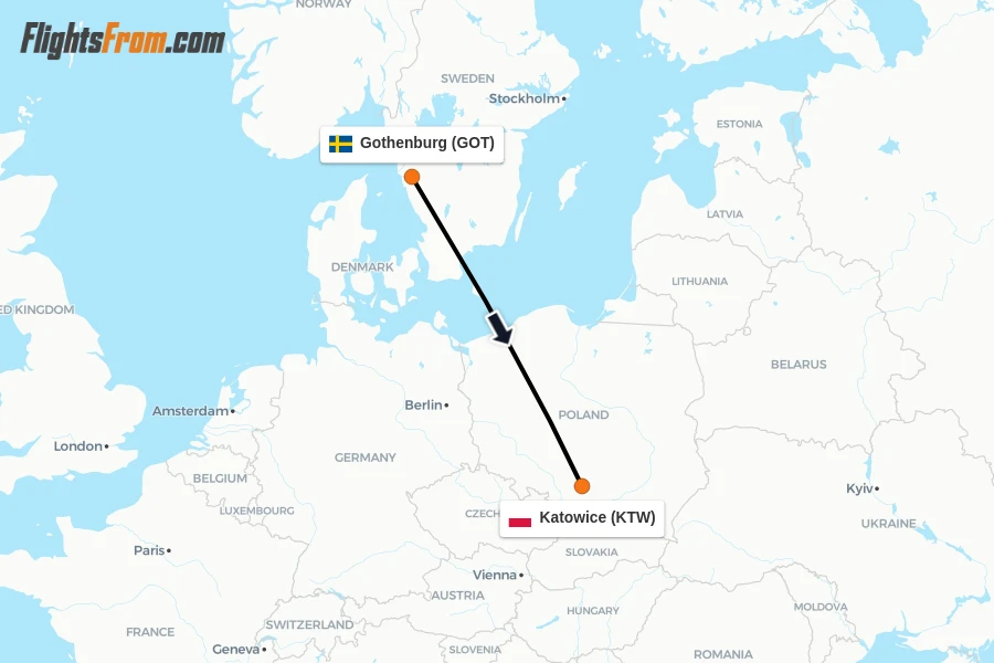 Flights from Gothenburg to Katowice route map