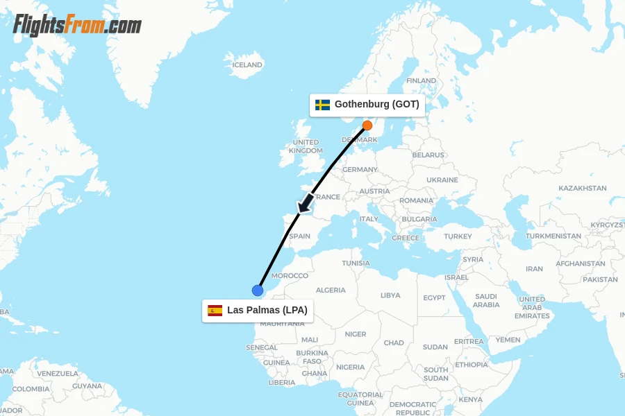 Flights from Gothenburg to Las Palmas route map