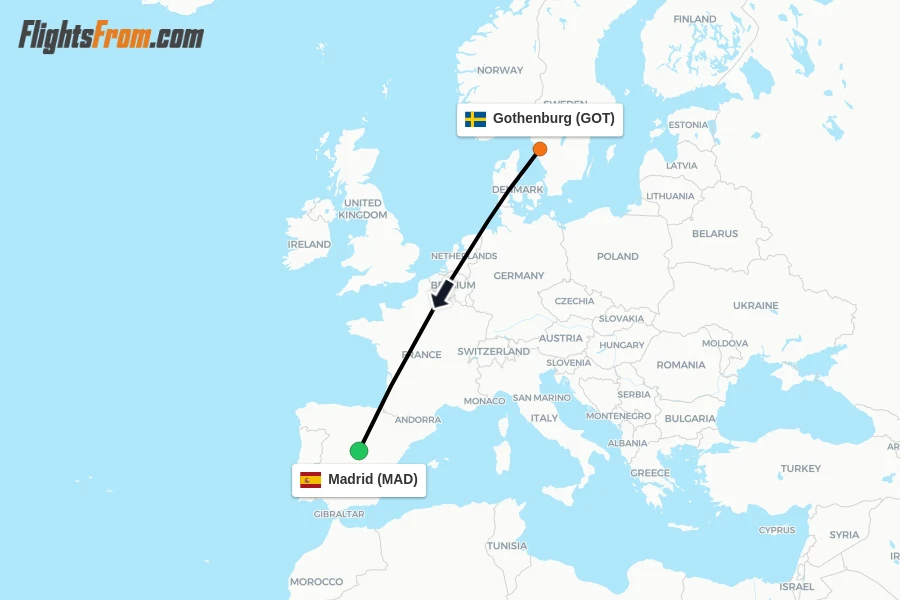 Flights from Gothenburg to Madrid route map