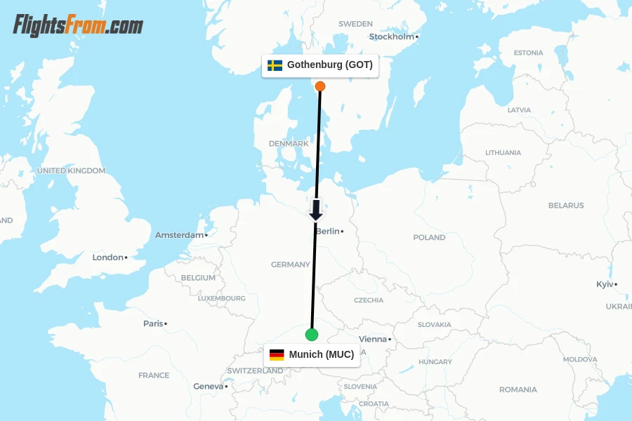 Flights from Gothenburg to Munich route map