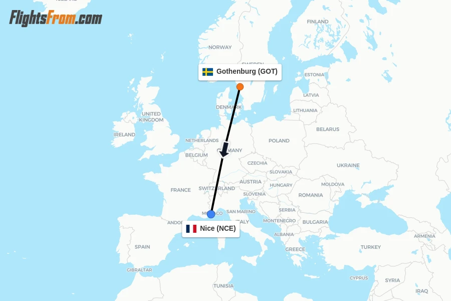 Flights from Gothenburg to Nice route map