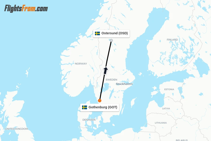 Flights from Gothenburg to Ostersund route map