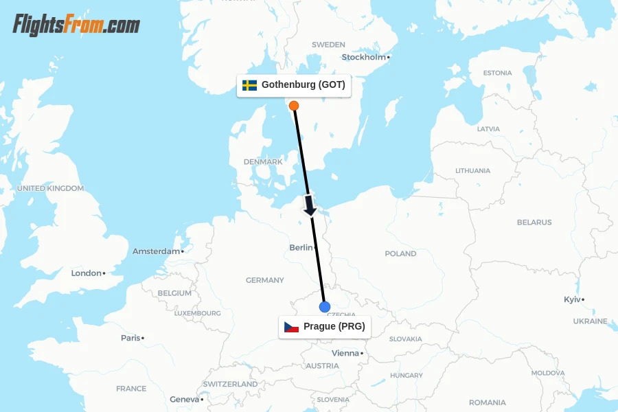 Flights from Gothenburg to Prague route map