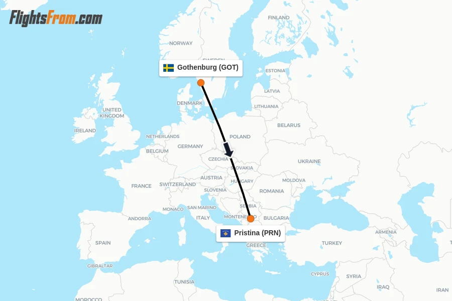 Flights from Gothenburg to Pristina route map