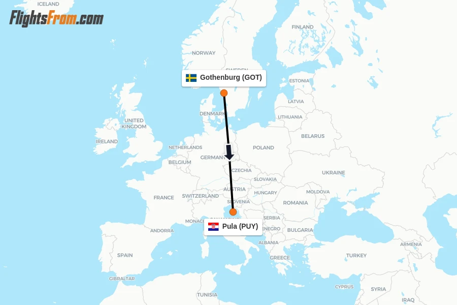 Flights from Gothenburg to Pula route map