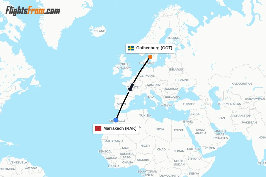 Flights from Gothenburg to Marrakech route map