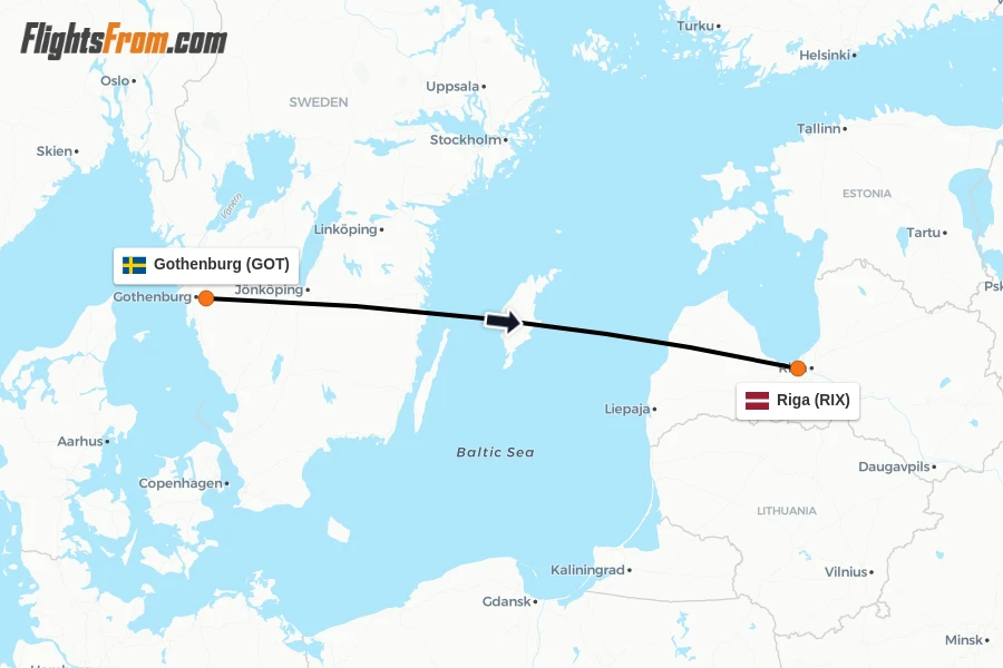 Flights from Gothenburg to Riga route map