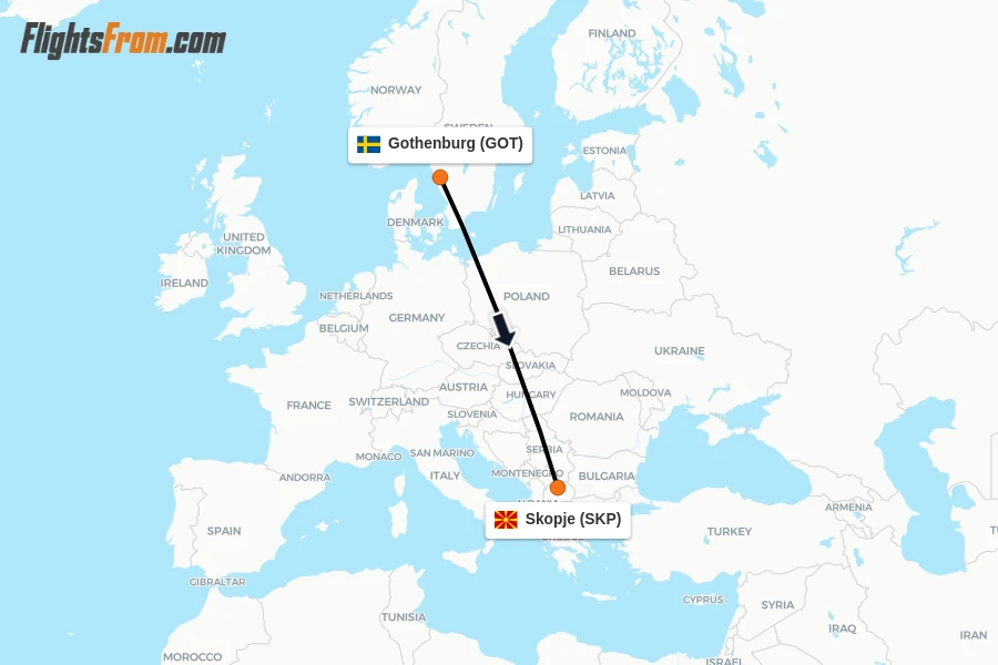 Flights from Gothenburg to Skopje route map