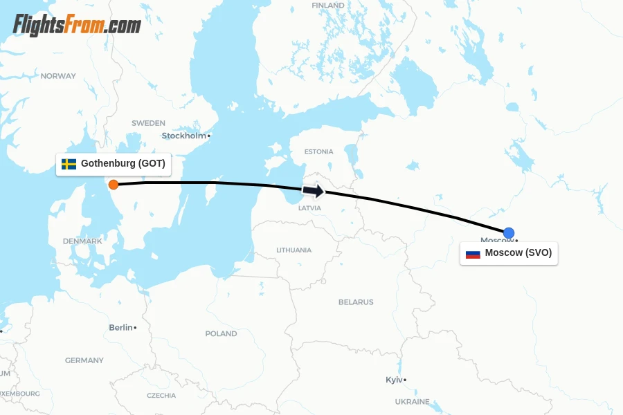 Flights from Gothenburg to Moscow route map