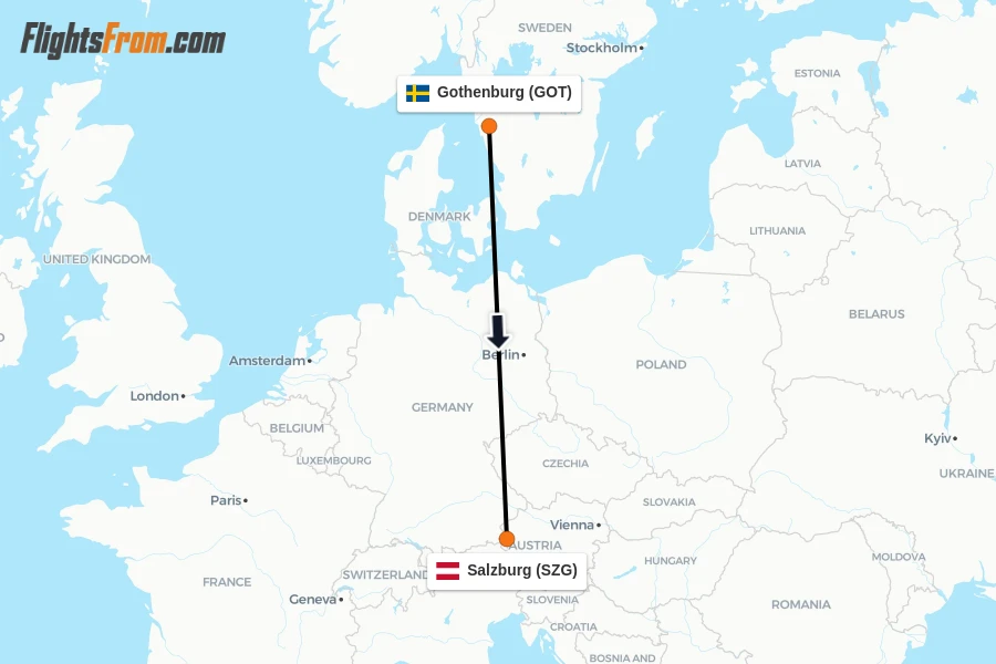 Flights from Gothenburg to Salzburg route map