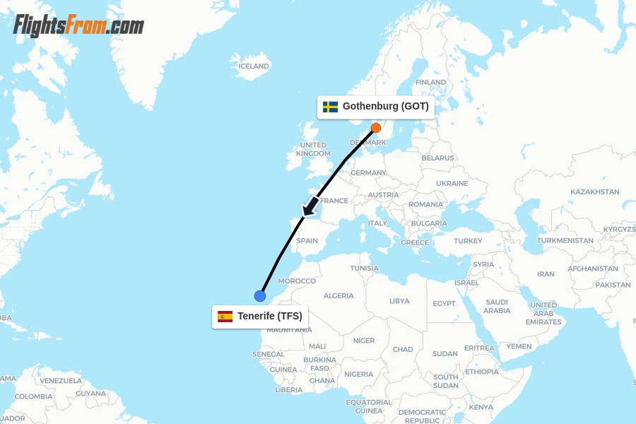 Flights from Gothenburg to Tenerife route map