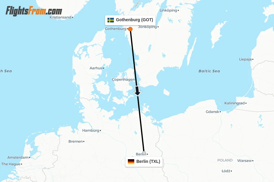 Flights from Gothenburg to Berlin route map