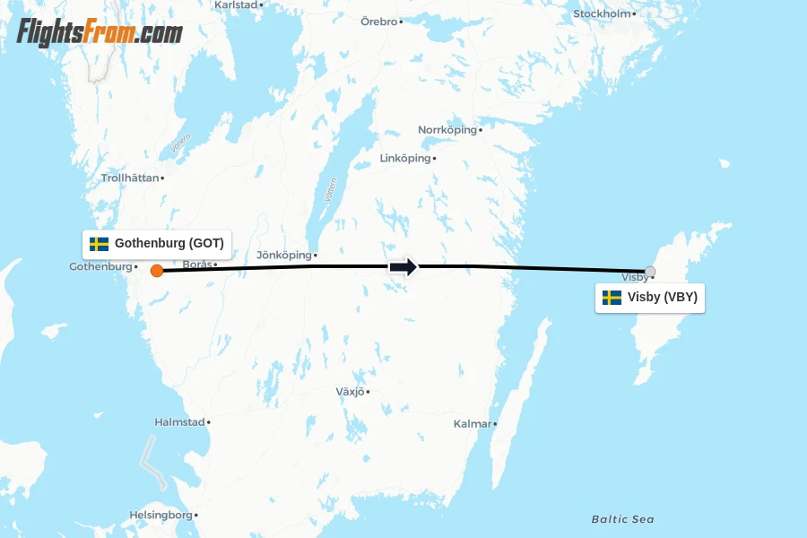 Flights from Gothenburg to Visby route map