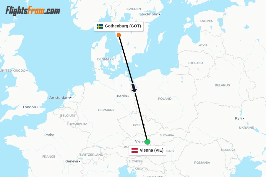 Flights from Gothenburg to Vienna route map