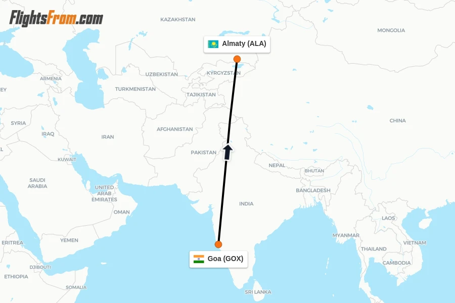 Flights from Goa to Almaty route map