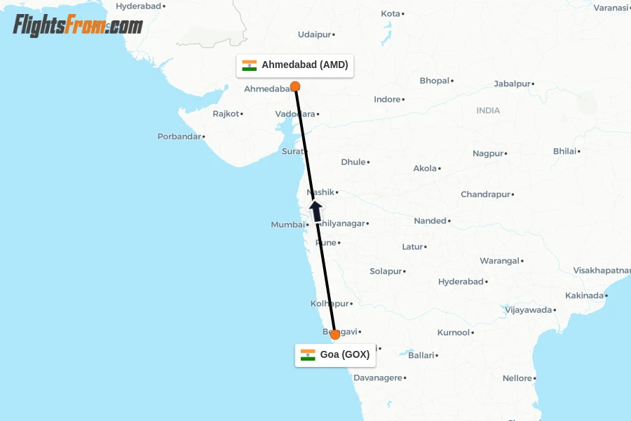 Flights from Goa to Ahmedabad route map