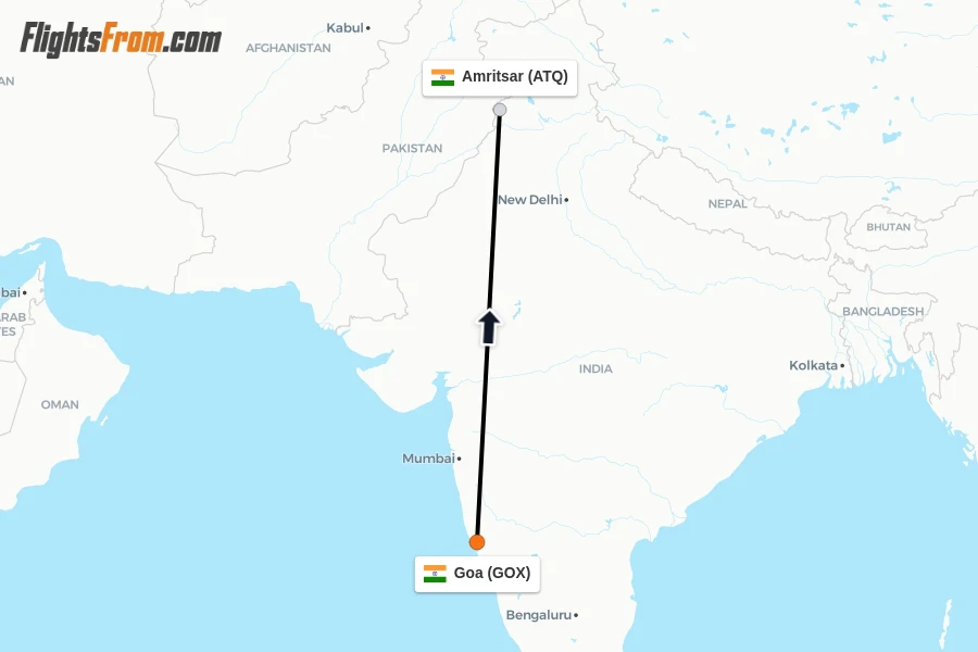 Flights from Goa to Amritsar route map