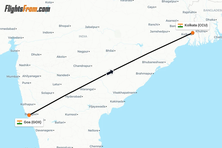 Flights from Goa to Kolkata route map