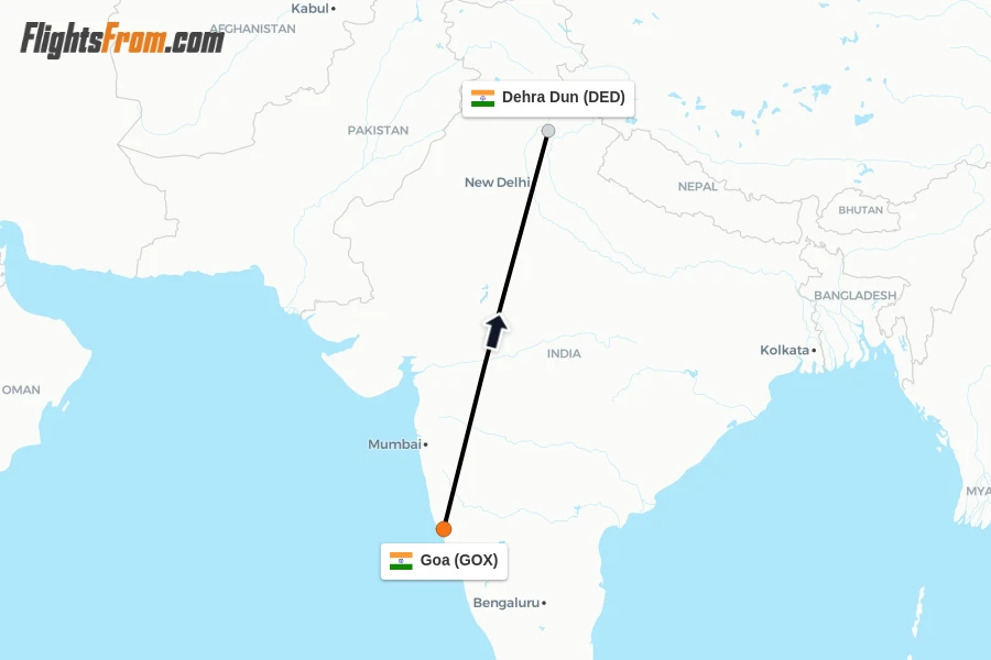 Flights from Goa to Dehra Dun route map