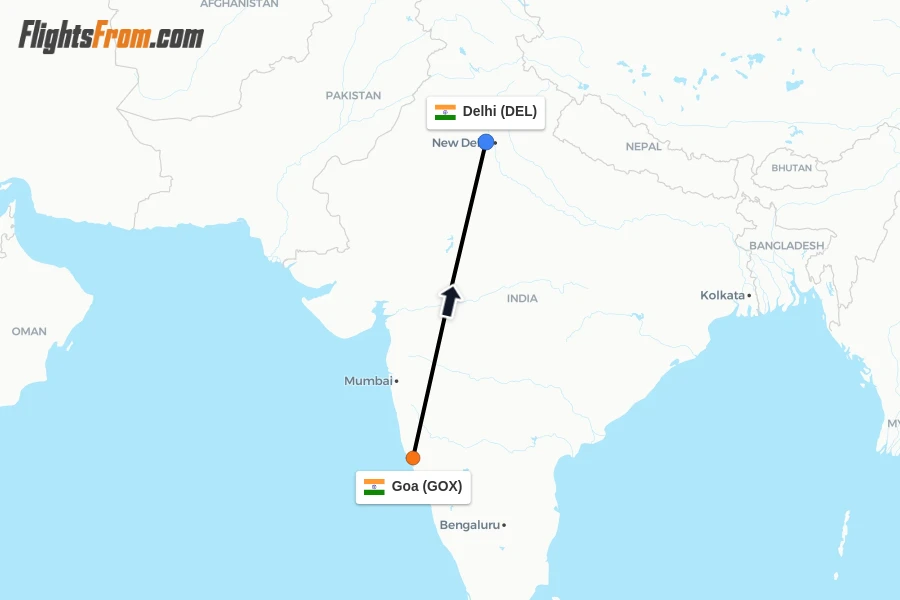 Flights from Goa to Delhi route map