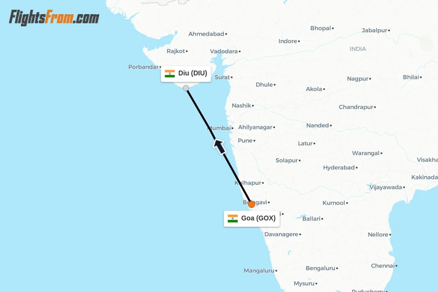 Flights from Goa to Diu route map