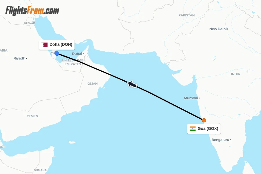Flights from Goa to Doha route map